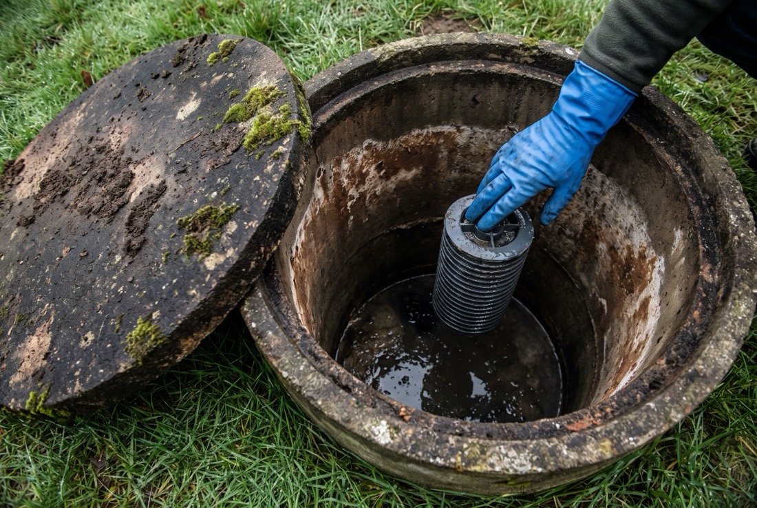 An open septic tank access lid showing the inlet baffle and effluent filter during an inspection
